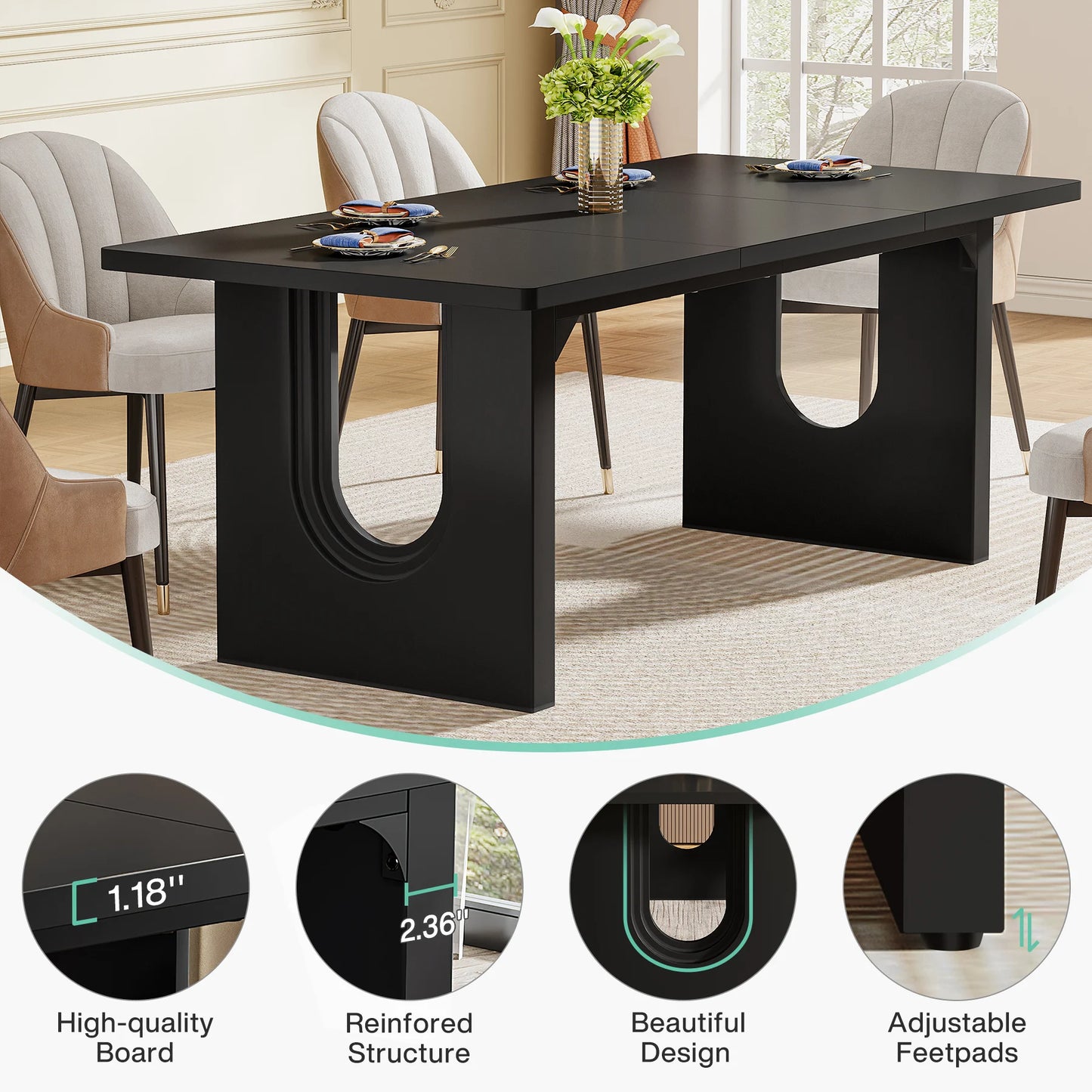 MonoWood Modern Dining Table for 6 People, 71" Large Kitchen Dining Table with Wood Pedestal Base, Rectangular Dinner Table