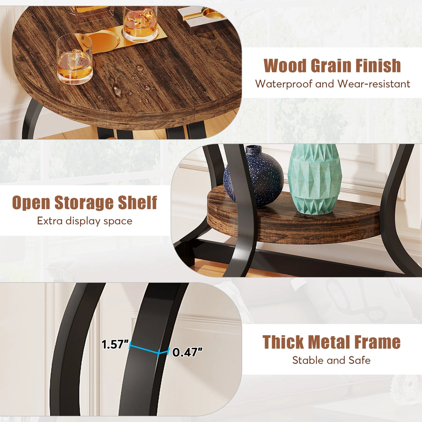 MonoWood Half-Round End Table Set of Two, 2-Tier Wooden Half Moon Side Table Semi Circle Accent Table Bedside Table