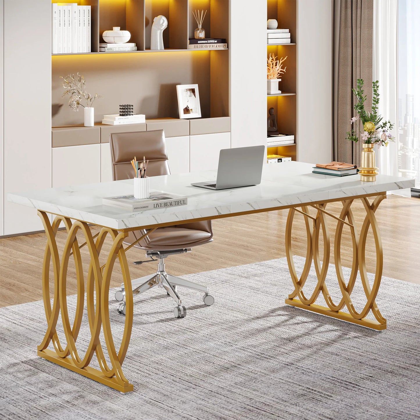 MonoWood Modern Office Desk, 70.9" Wooden Computer Desk,Executive Desk with Gold Metal Legs, Large Workstation Home Office
