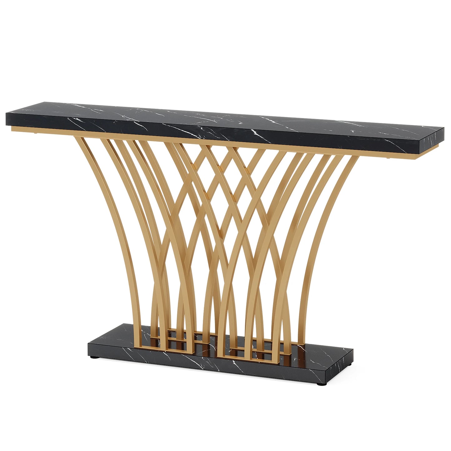 MonoWood 59 inch Gold Console Table, Modern Entryway Table with Grid-Shaped Metal Base for Entrance, Hallway, Entryway