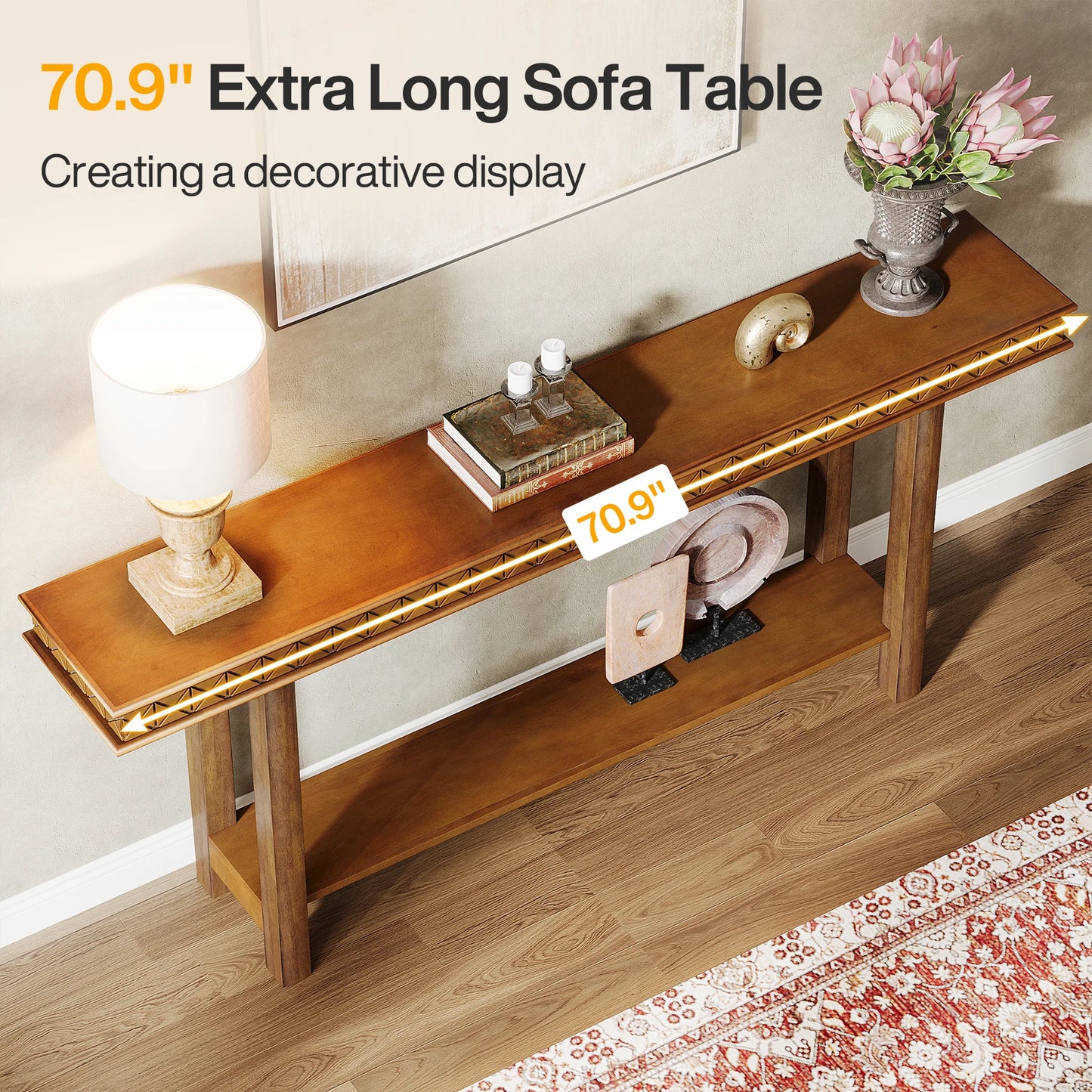 MonoWood 70.9-Inch Extra Long Console Table, Wood Sofa Table Behind Couch Narrow Long, 2-Tier Entryway Table with Storage