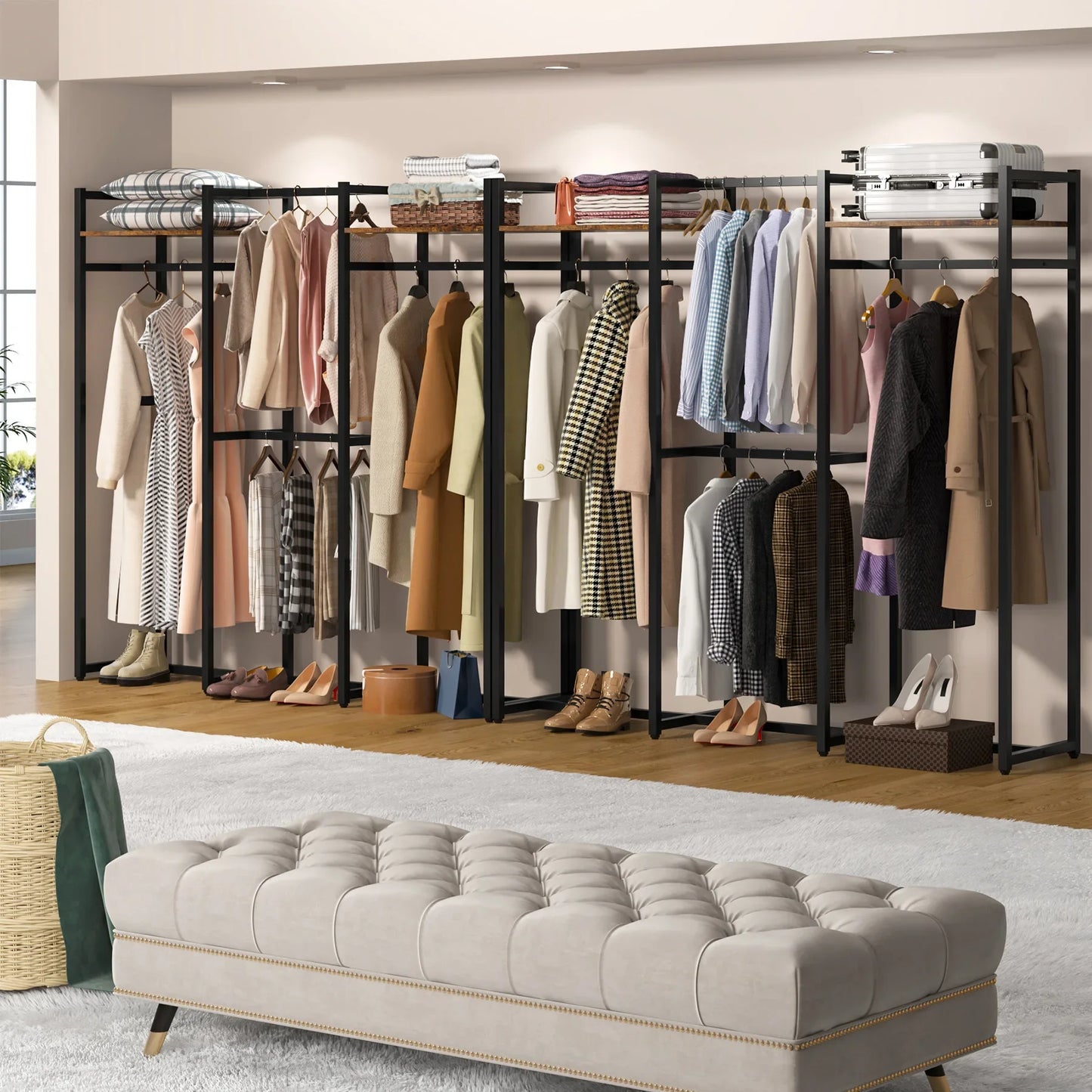MonoWood Free Standing Closet Organizer with Hanging Rods,Clothes Rack with Storage Shelves, Large Size Storage Rack