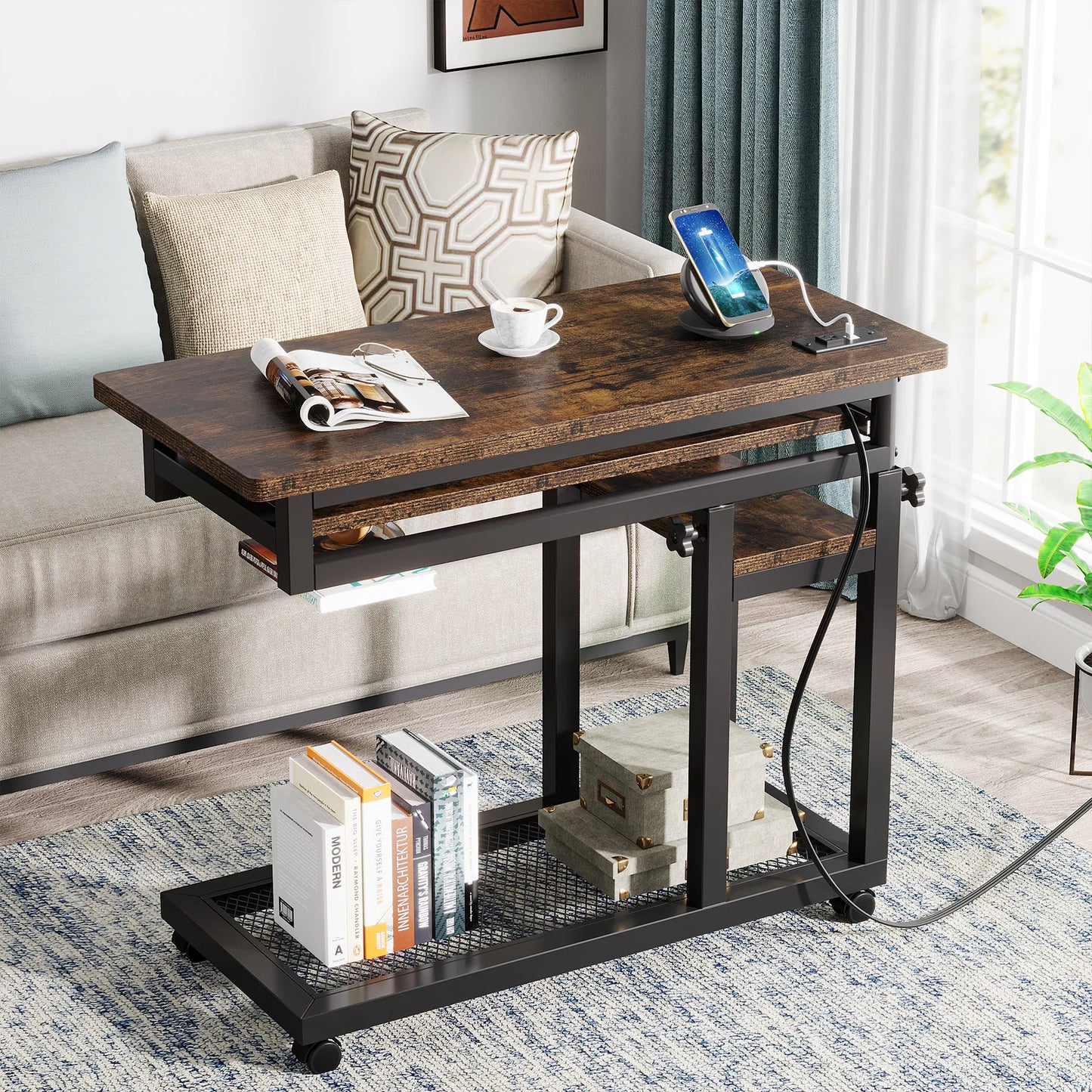 MonoWood Small Portable Desk with Power Outlet, Height Adjustable Sofa Couch Bedside Laptop Table with Wheels