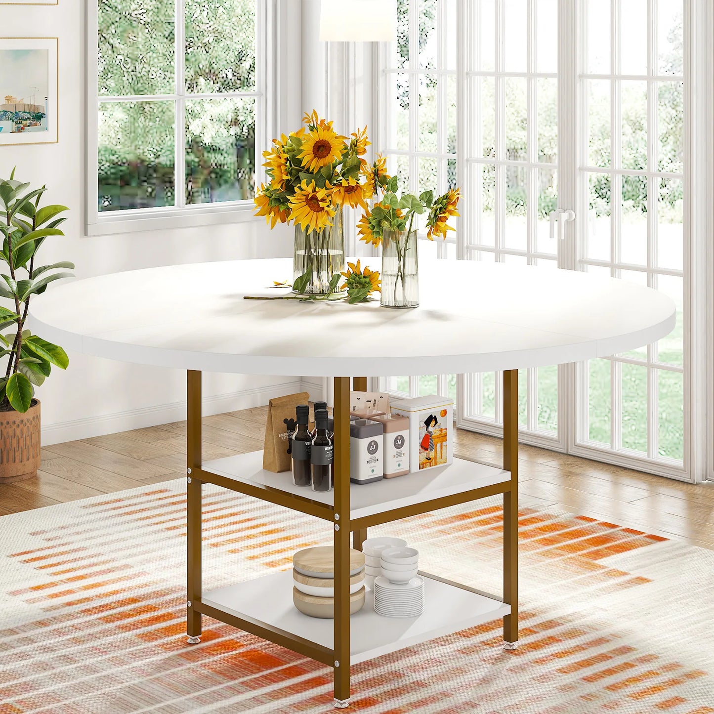 MonoWood 47 inch Round Dining Table for 4, Wood Kitchen Table Large Dinner Table with Storage Shelf for Home Dining Room