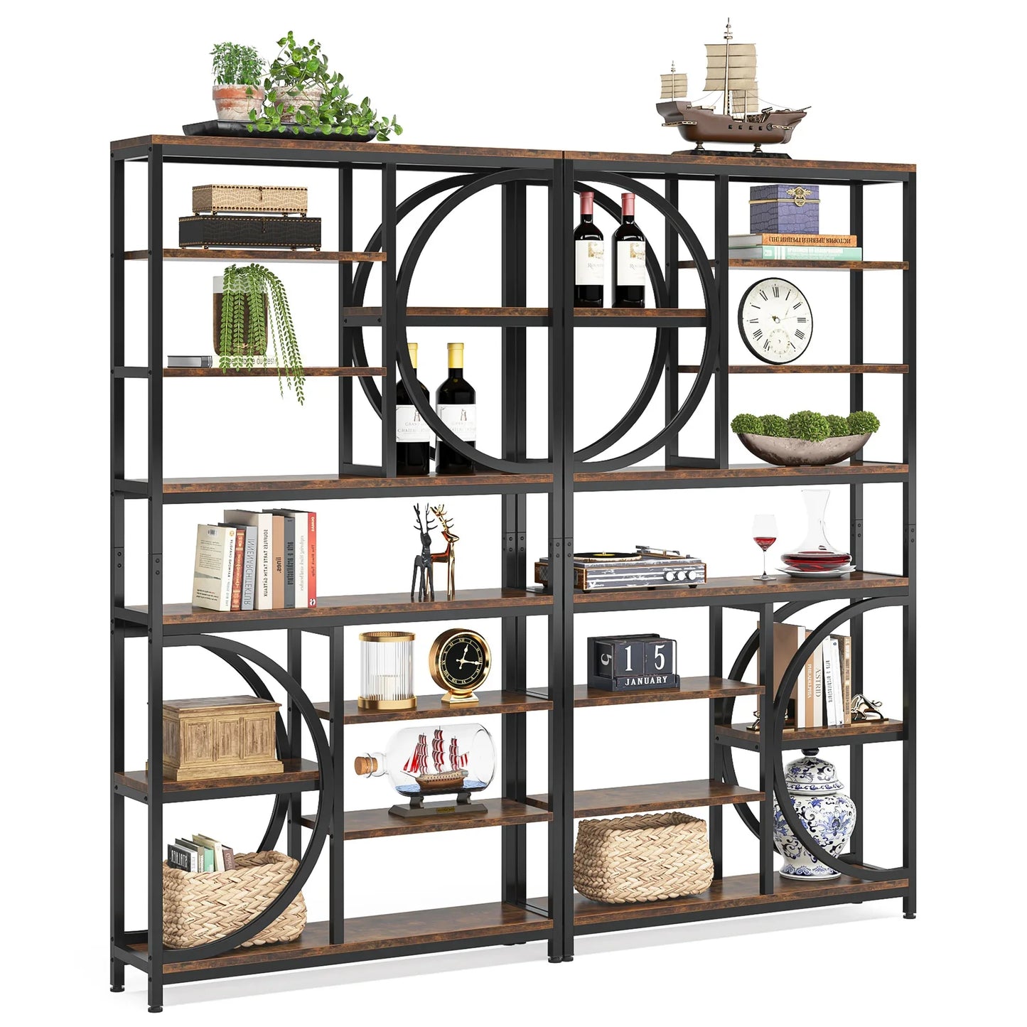 MonoWood 8 Tier Industrial Bookshelf, 77-Inch Tall Open Etagere Bookcase with Metal Frame for Living Room, Home Office
