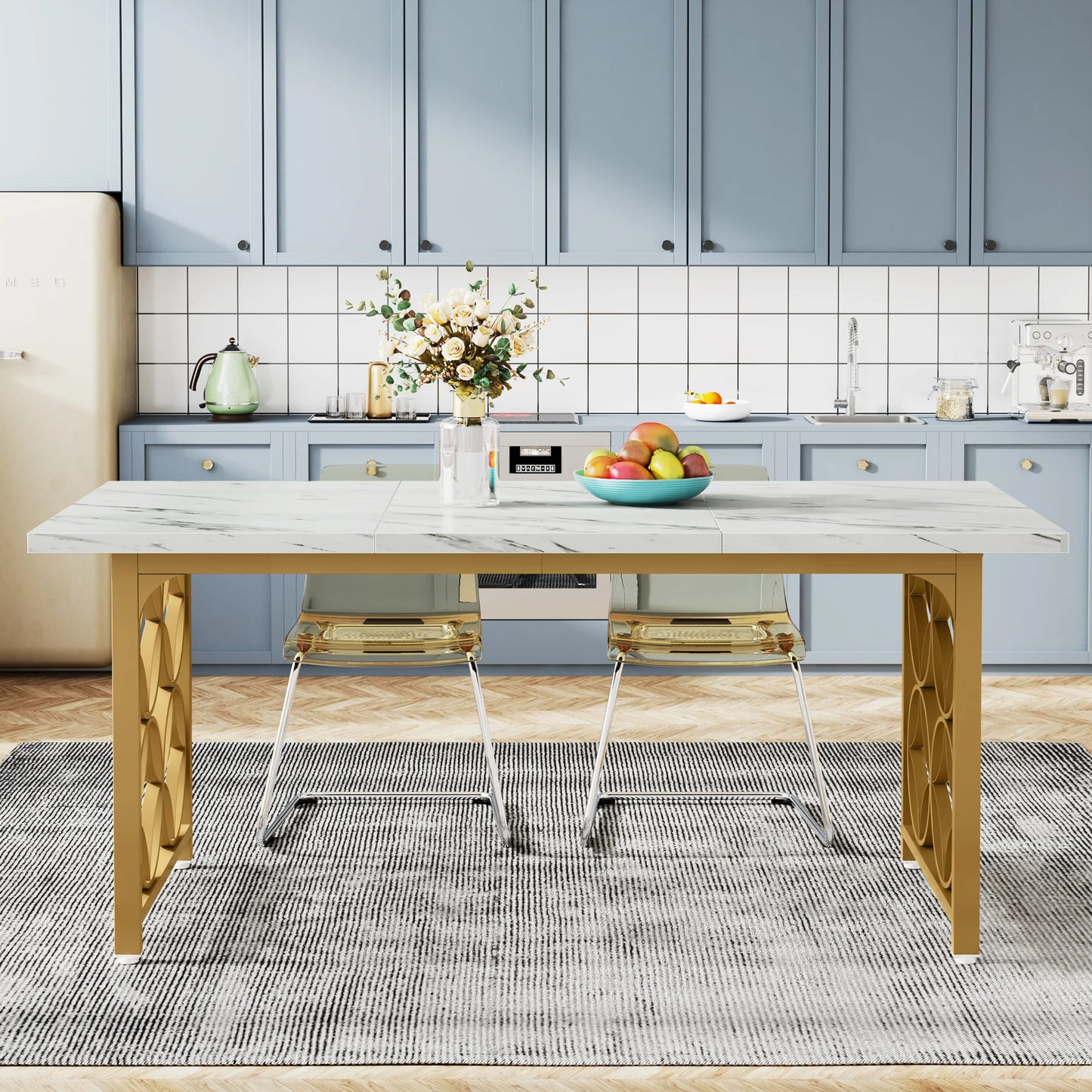 MonoWood Dining Table, 63-inch Modern Marble Dining Room Table for 6 People, Rectangular Kitchen Table with Gold Metal Frame