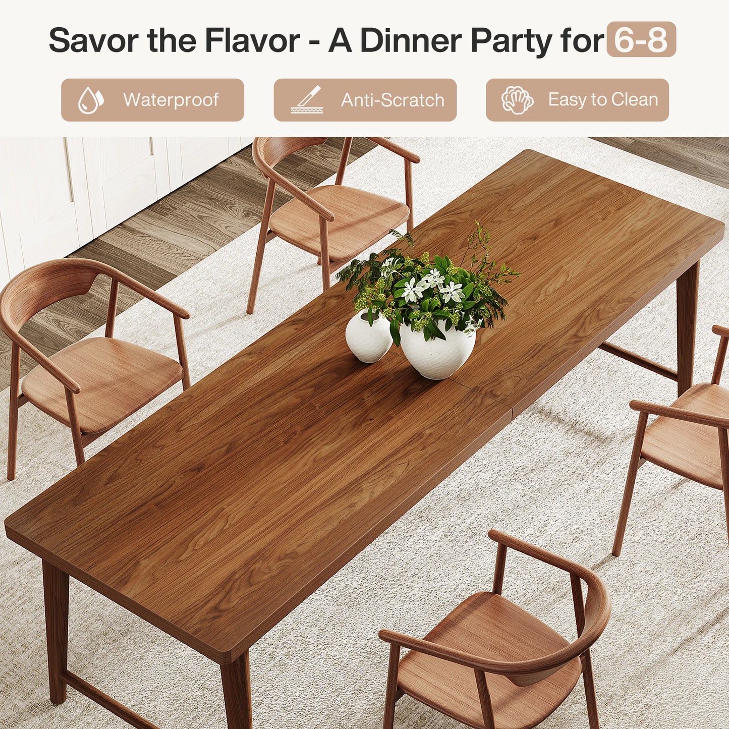 MonoWood 78.7-Inch Dining Table, Mid-Century Modern Kitchen Dining Room Table for 6-8 People, Wood Kitchen Tables