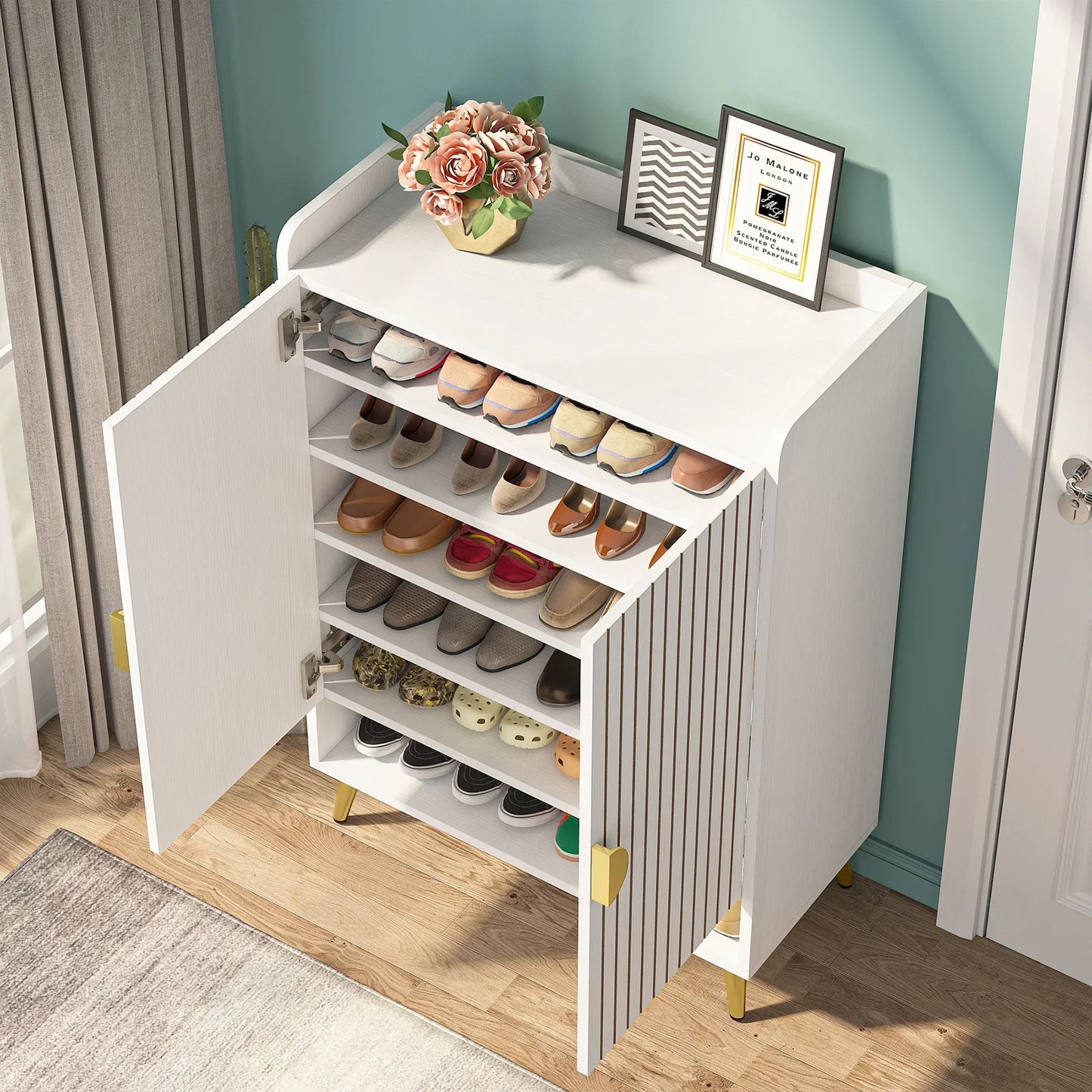 MonoWood 7-Tier Shoe Cabinet with Doors, Shoe Storage Cabinet with Adjustable Shelves, Wooden Shoes Rack Shoe Storage