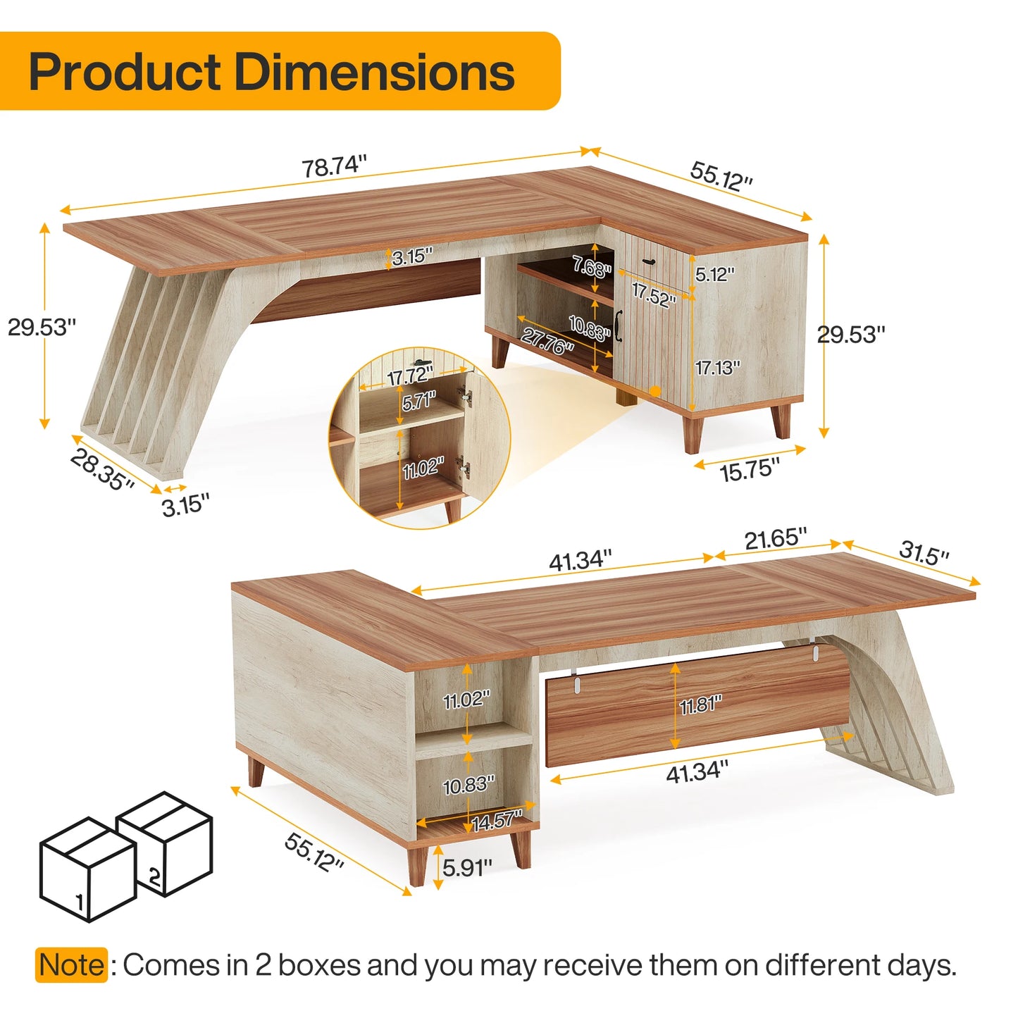 MonoWood 78" Large L-Shaped Executive Desk, Modern Office Desk with Lateral File Cabinet and Drawer, Home Business Desk