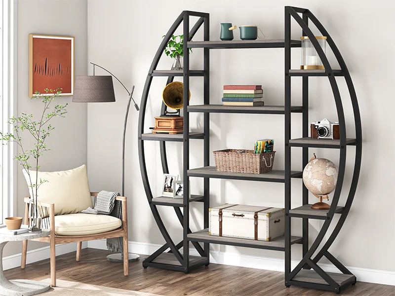 MonoWood Oval Bookshelf, Triple Wide 5 Tier Etagere Bookcase, Industrial Display Shelves for Living Room (Brown, 55")