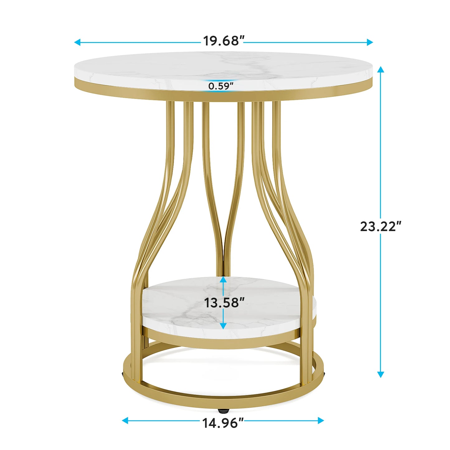 MonoWood 2-Tier End Table Round Side Table White Gold, Modern Bedside Table Small Side Table with Storage for Couch