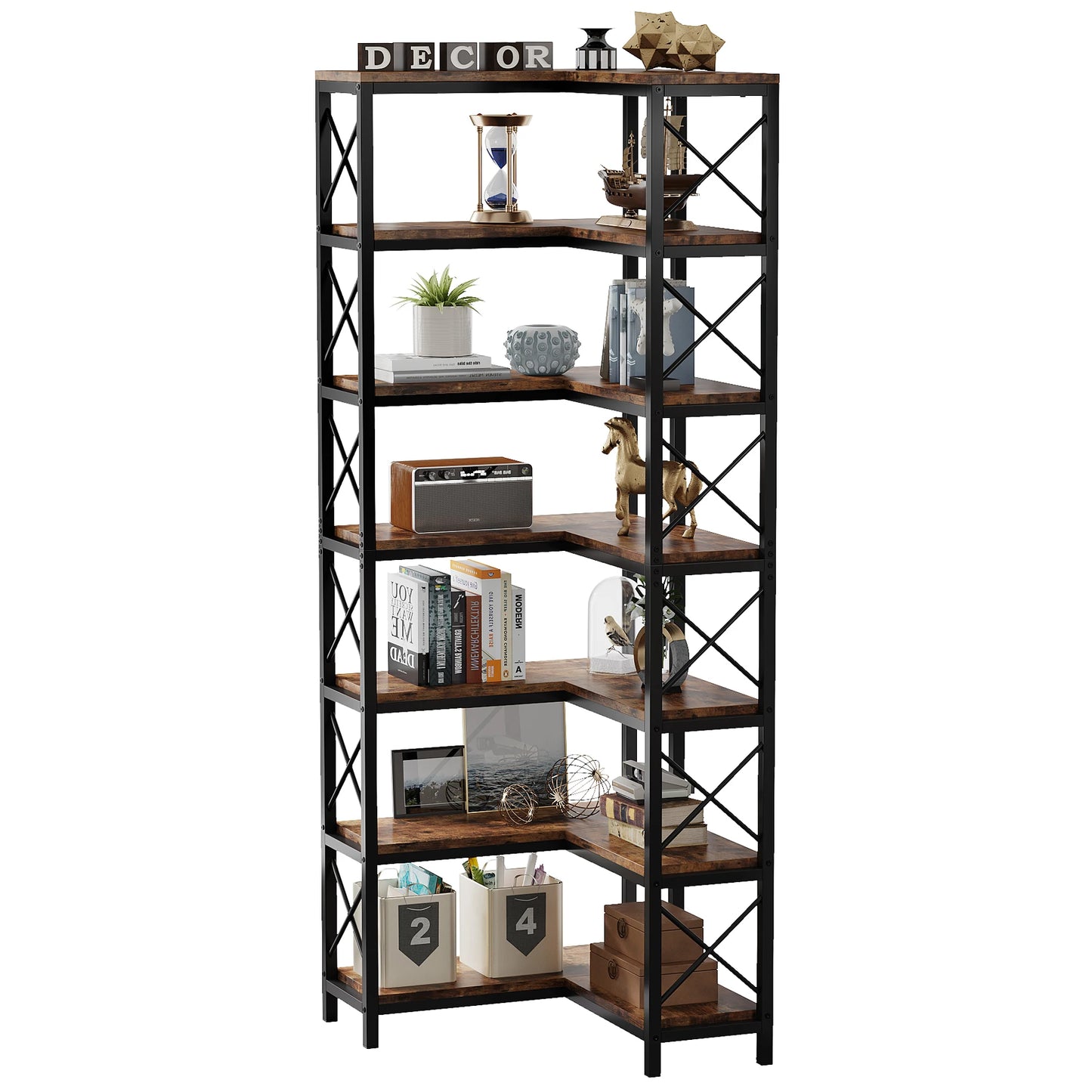 MonoWood 7-Shelf Corner Bookshelf,Large Modern Corner Bookcase, 7-Tier Tall Corner Shelf Storage Display Rack with Metal Frame