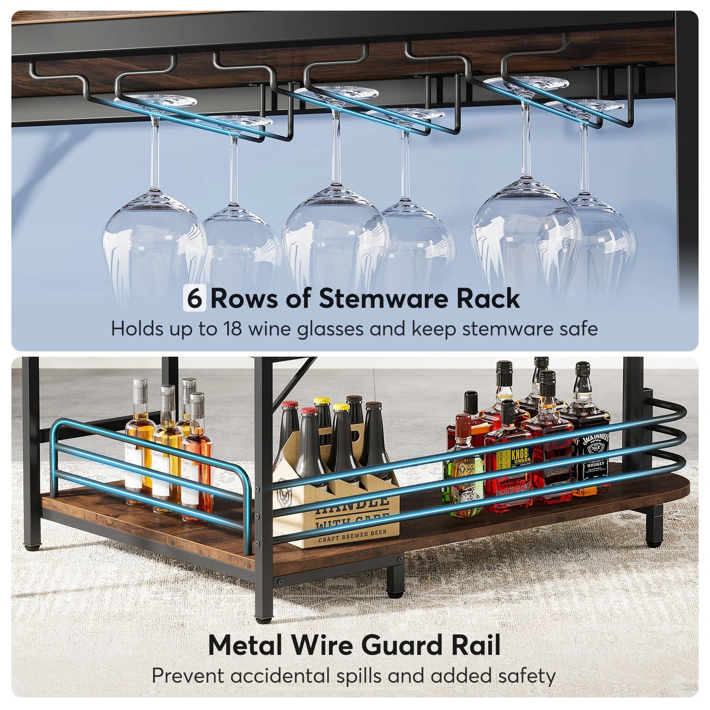 MonoWood L-Shaped Home Bar Unit, 3 Tier Liquor Bar Table with Storage Shelves and Wine Glasses Holder