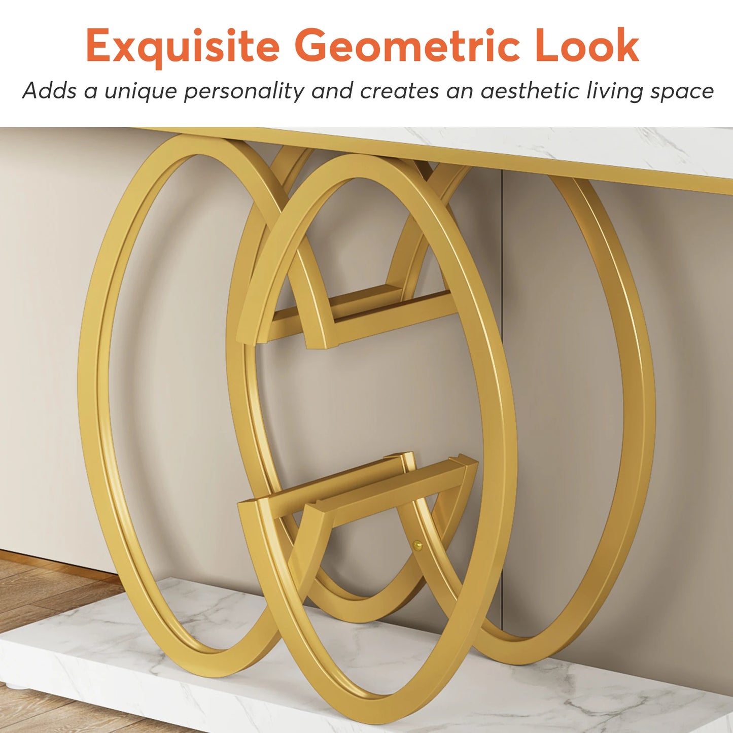 MonoWood 55 Inch Console Table for Hallway, Faux Marble Gold Entryway Table with Geometric Metal Base, Modern Sofa Table