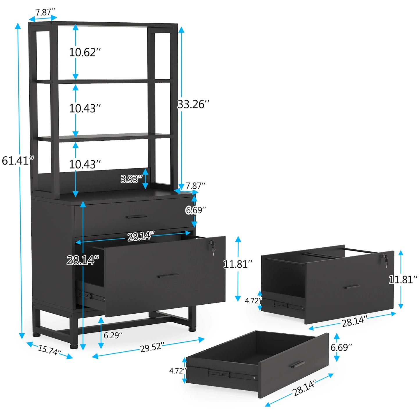 MonoWood 2 drawer vertical wood file cabinet with lock and bookshelf letter size large modern filing cabinet printer stand