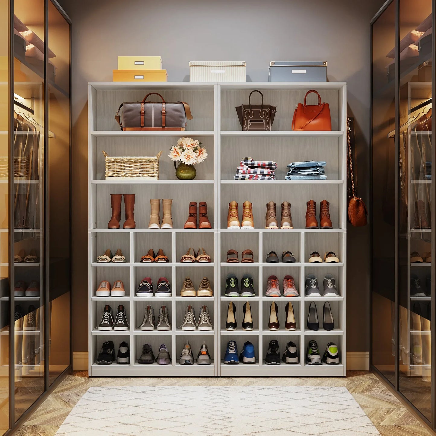 MonoWood Shoe Cabinet, 24 Pair Freestanding Shoe Rack Storage Organizer with Side Hooks, Shoe Storage Cabinet with Shelves