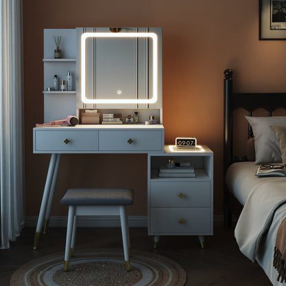 Pitted Particle Board With Melamine Paste, Solid Wood Legs With Copper Sheath Decoration, 4 Drawers, 2-Layer Shelf, Mirror Cabinet With Strips, Led Three-Tone Light Panel, Led Three-Tone Light Mir