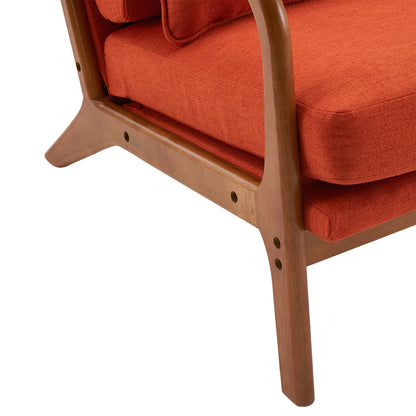 High Back Solid Wood Armrest Backrest Iron Frame Linen Indoor Leisure Chair Burnt Orange Color