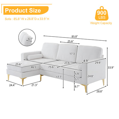 218*141*87cm Burlap Diamond Electroplated Gold Trident Legs Three Seats With Footstool Indoor Modular Sofa Beige