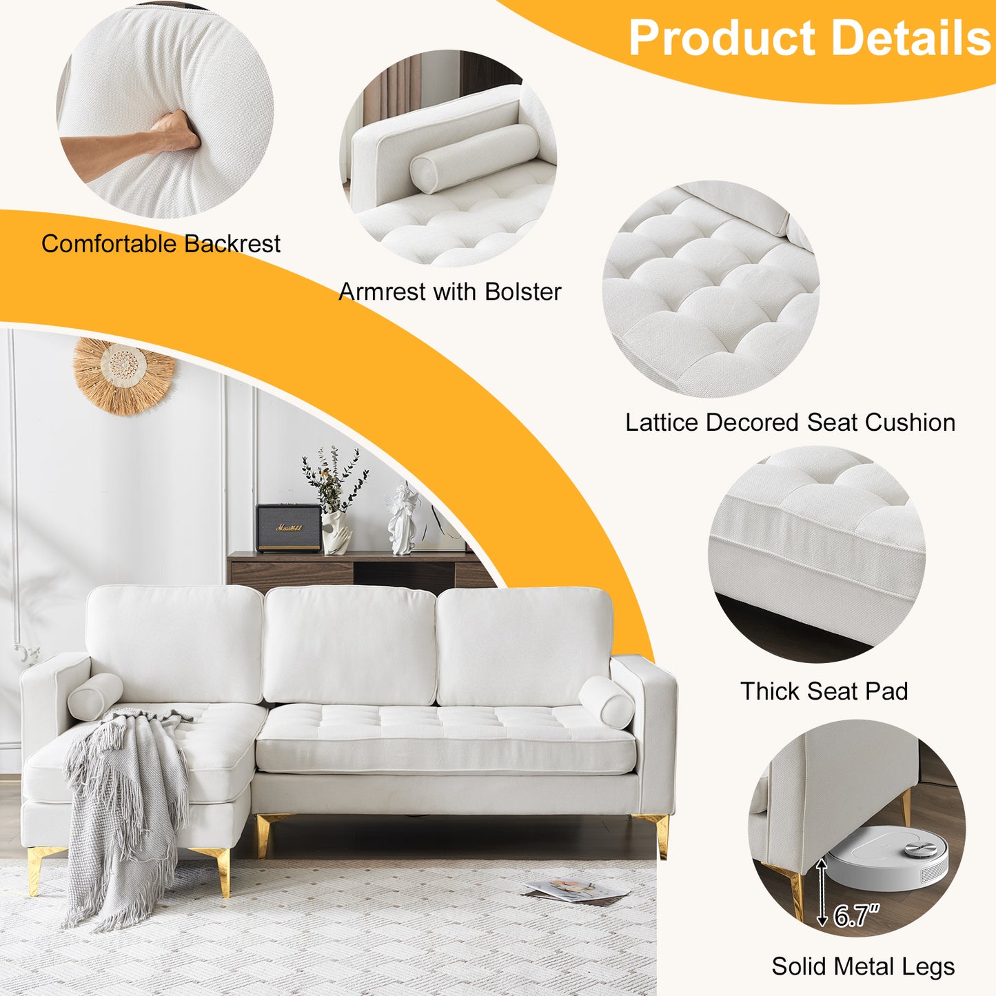 218*141*87cm Burlap Diamond Electroplated Gold Trident Legs Three Seats With Footstool Indoor Modular Sofa Beige
