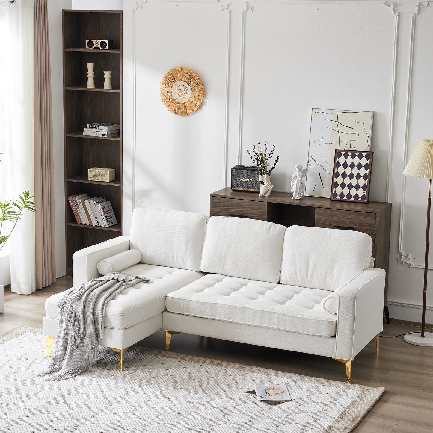 218*141*87cm Burlap Diamond Electroplated Gold Trident Legs Three Seats With Footstool Indoor Modular Sofa Beige