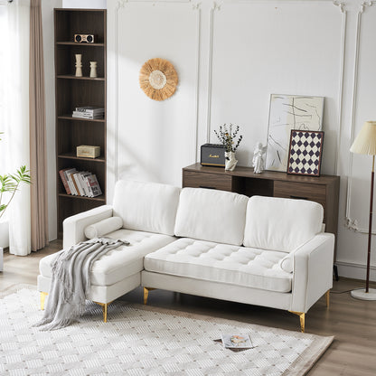 218*141*87cm Burlap Diamond Electroplated Gold Trident Legs Three Seats With Footstool Indoor Modular Sofa Beige