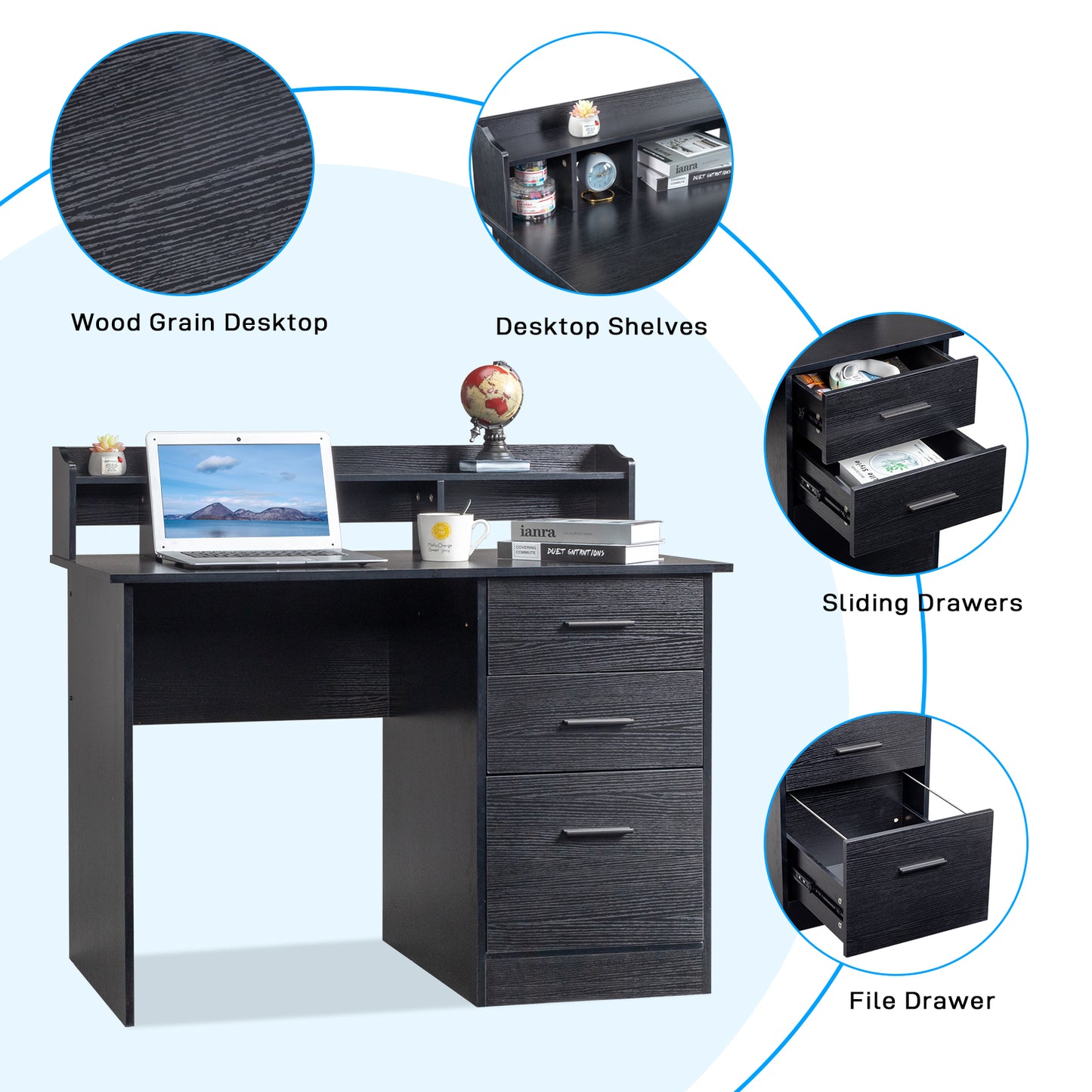 110*50*95cm Particleboard Paste Triamine Desktop Storage Layer Three Drawers Computer Desk Black Wood Grain