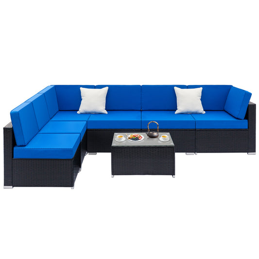 Fully Equipped Weaving Rattan Sofa Set with 2pcs Middle Sofas & 4pcs Single Sofas & 1 pc Coffee Table Black Embossed   - Woven Rattan
