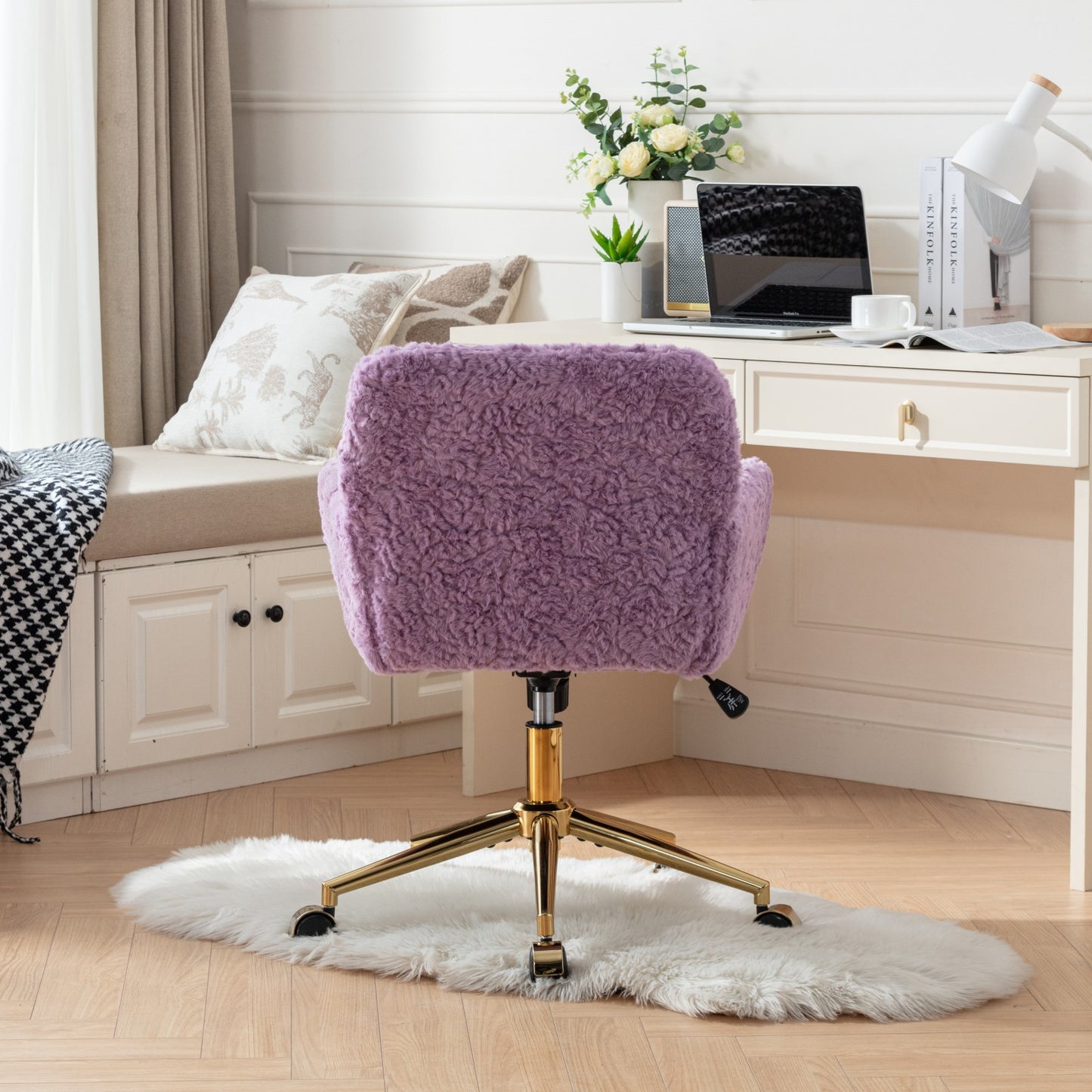 Furniture Office Chair,Artificial rabbit hair Home Office Chair with Golden Metal Base,Adjustable Desk Chair Swivel Office Chair,Vanity Chair(Violet)