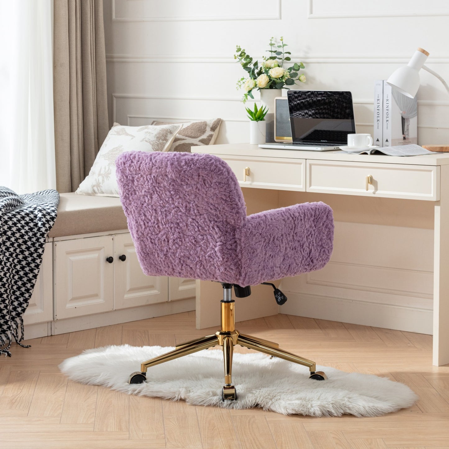 Furniture Office Chair,Artificial rabbit hair Home Office Chair with Golden Metal Base,Adjustable Desk Chair Swivel Office Chair,Vanity Chair(Violet)