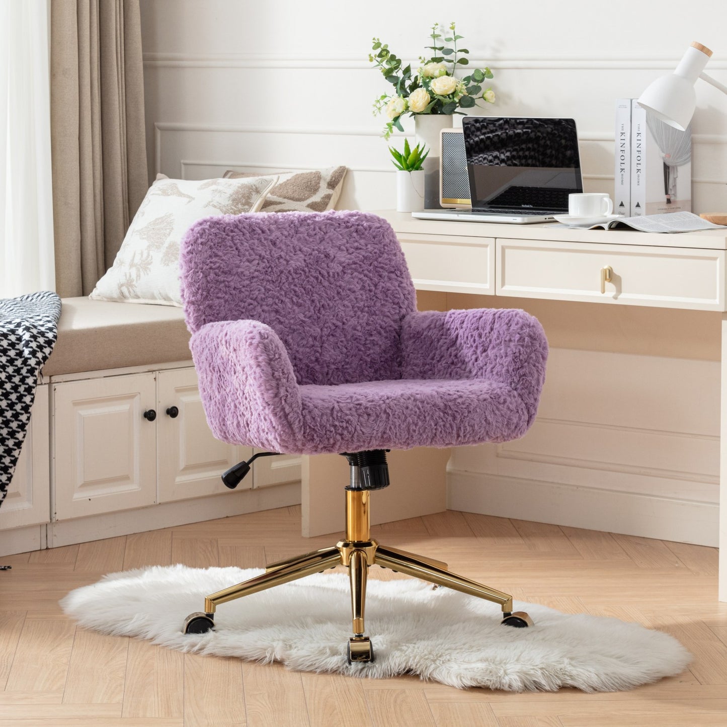 Furniture Office Chair,Artificial rabbit hair Home Office Chair with Golden Metal Base,Adjustable Desk Chair Swivel Office Chair,Vanity Chair(Violet)
