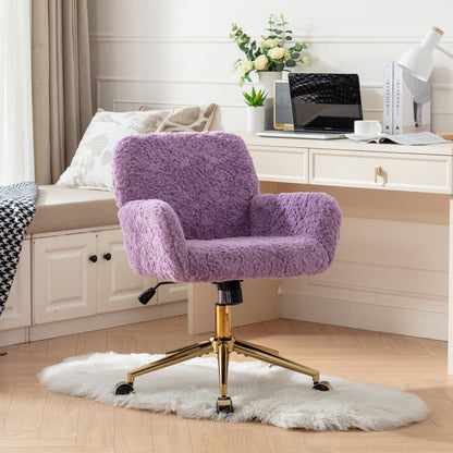 Furniture Office Chair,Artificial rabbit hair Home Office Chair with Golden Metal Base,Adjustable Desk Chair Swivel Office Chair,Vanity Chair(Violet)