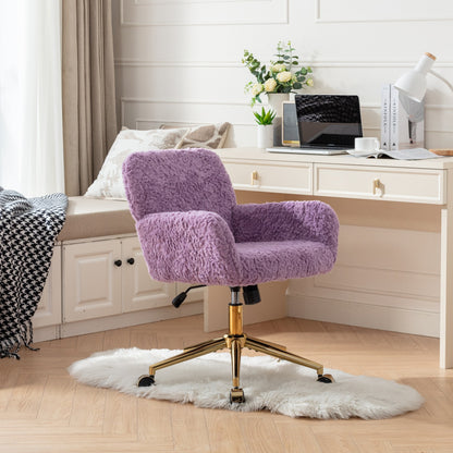 Furniture Office Chair,Artificial rabbit hair Home Office Chair with Golden Metal Base,Adjustable Desk Chair Swivel Office Chair,Vanity Chair(Violet)