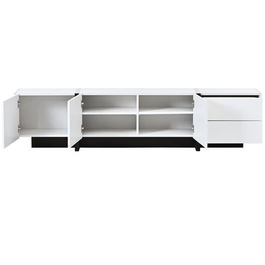[VIDEO provided] White & Black Contemporary Rectangle Design TV Stand, Unique Style TV Console Table for TVs Up to 80'', Modern TV Cabinet with High Gloss UV Surface for Living Room.