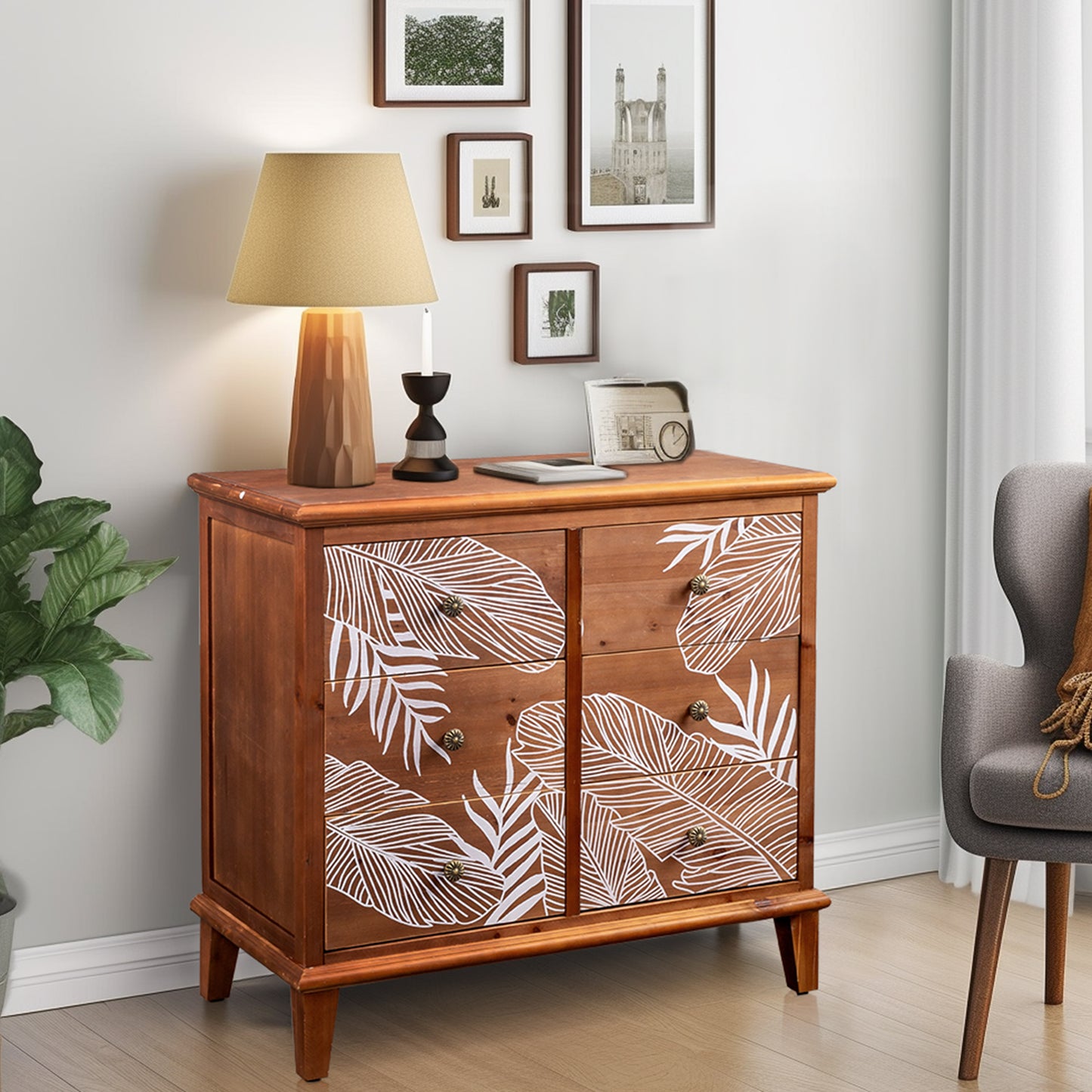 Brown MDF Veneer + Solid Wood Frame 80*40*73cm 6-Drawer Chest Bohemia
