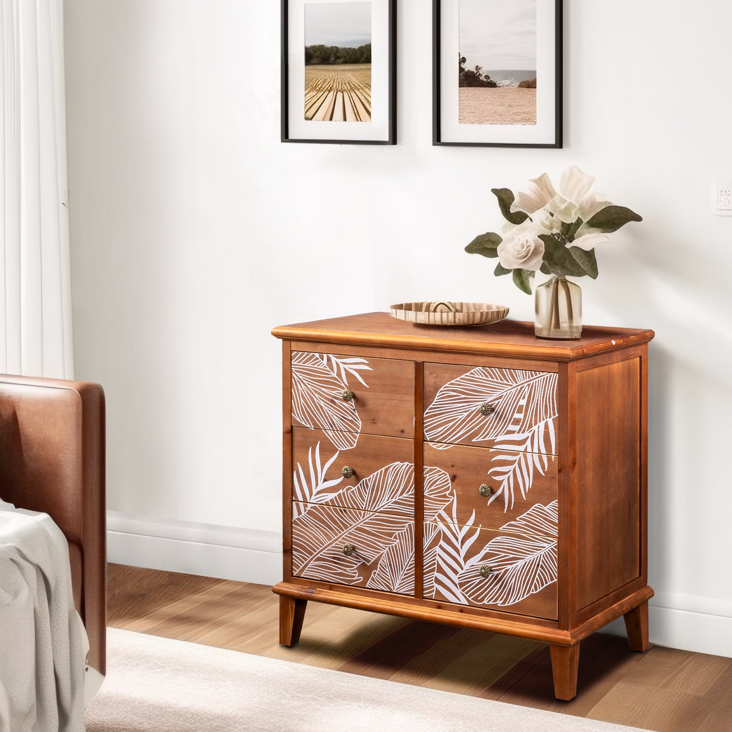 Brown MDF Veneer + Solid Wood Frame 80*40*73cm 6-Drawer Chest Bohemia