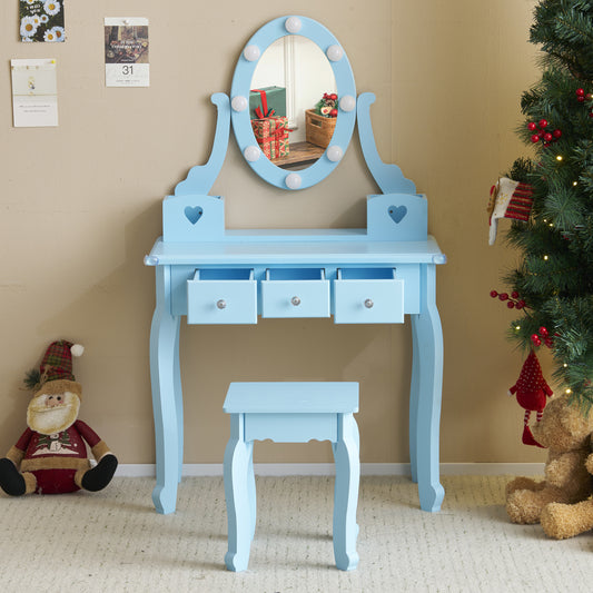 Kids Vanity Set with Mirror and Lights and Stool, 5 Storage Drawers, Pretend Play Princess Makeup Desk Dressing Table and Stool Set for Little Girls Age 3+, Macaroon Blue