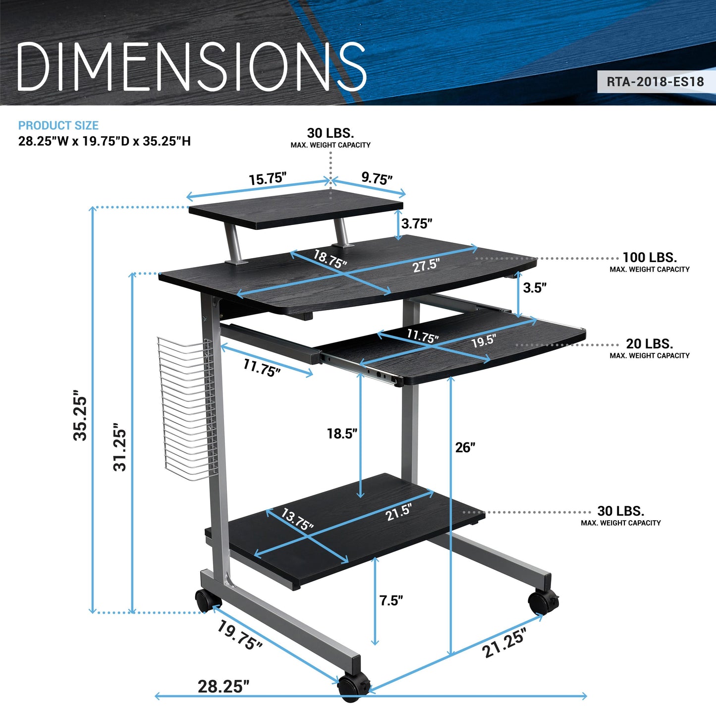 Compact Computer Cart With Storage, Espresso