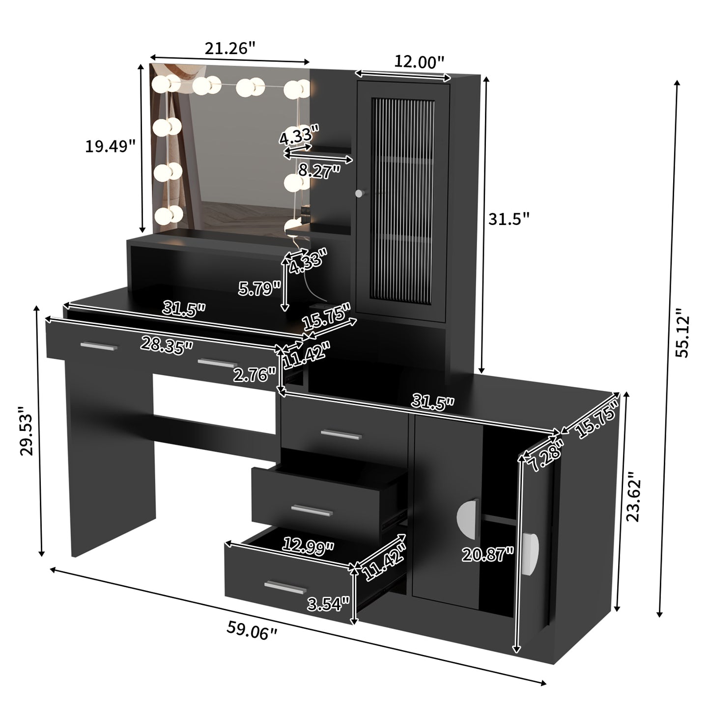 Large Makeup Vanity with Lights, Vanity Table with Charging Station, Vanity Desk with Mirror and 10 LED Light Bulbs, Makeup Table with Drawers and Storage Shelves and Cabinets, Black