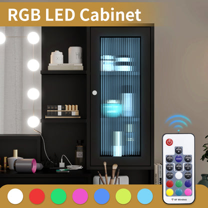 Large Makeup Vanity with Lights, Vanity Table with Charging Station, Vanity Desk with Mirror and 10 LED Light Bulbs, Makeup Table with Drawers and Storage Shelves and Cabinets, Black