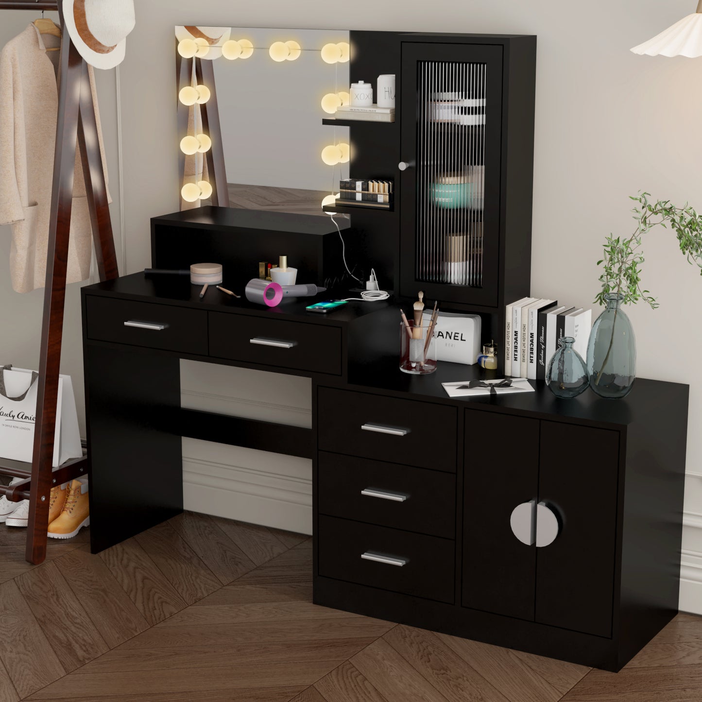 Large Makeup Vanity with Lights, Vanity Table with Charging Station, Vanity Desk with Mirror and 10 LED Light Bulbs, Makeup Table with Drawers and Storage Shelves and Cabinets, Black