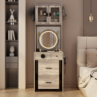 Small Vanity Desk with Mirror and LED Lights, Makeup Table with Charging Station and drawers and Storage Shelves for Small Space, Compact Mini Corner Vanity Set with Hidden Storage Stool for Bedroom