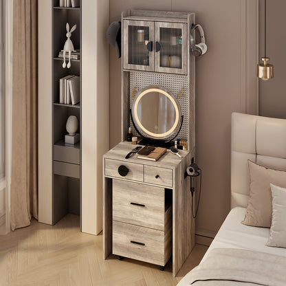 Small Vanity Desk with Mirror and LED Lights, Makeup Table with Charging Station and drawers and Storage Shelves for Small Space, Compact Mini Corner Vanity Set with Hidden Storage Stool for Bedroom