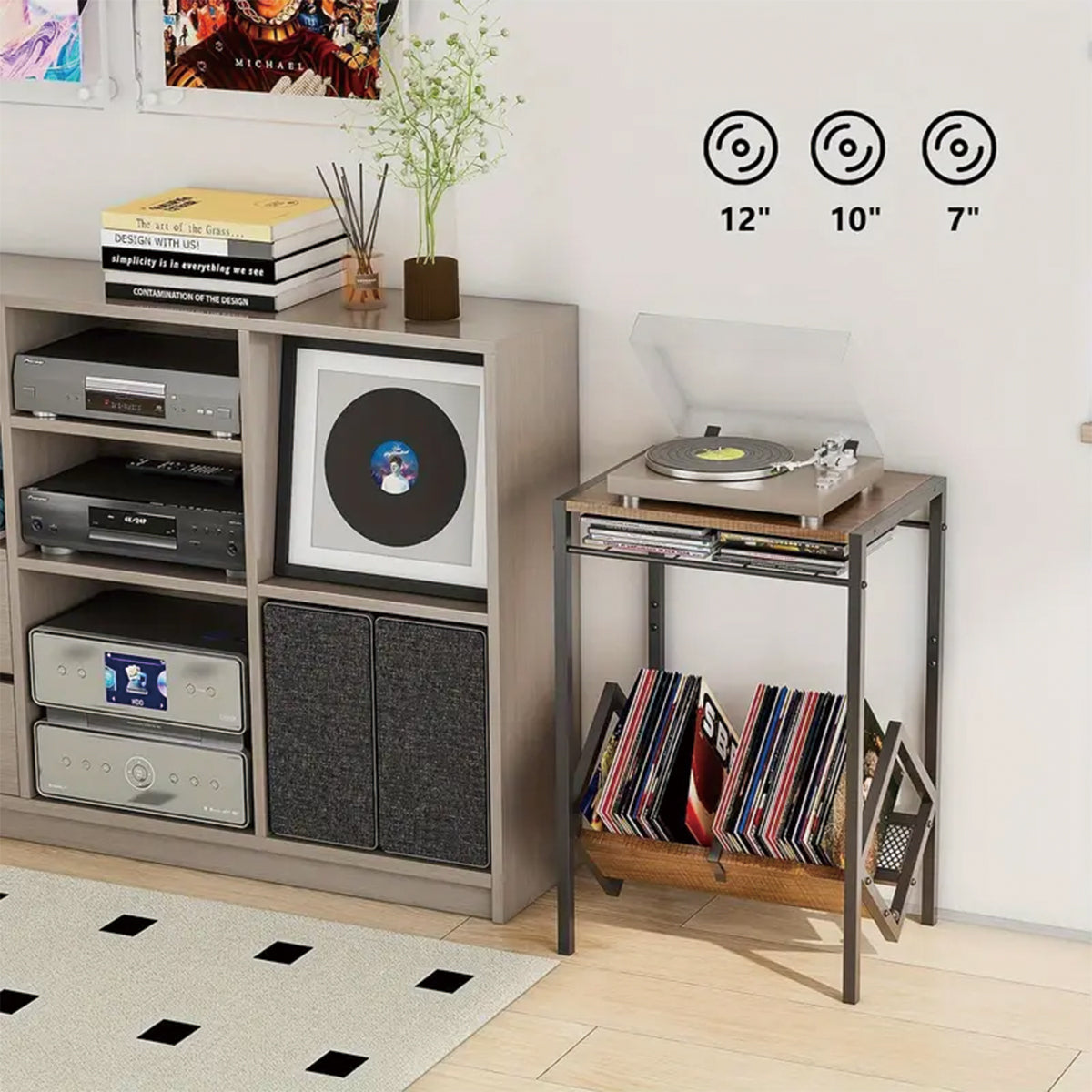 Electric turntable stand with vinyl storage rack, 3-layer coffee table vinyl record display turntable stand, used as a vinyl record organizer for books and magazines, can hold up to 100 LP albums