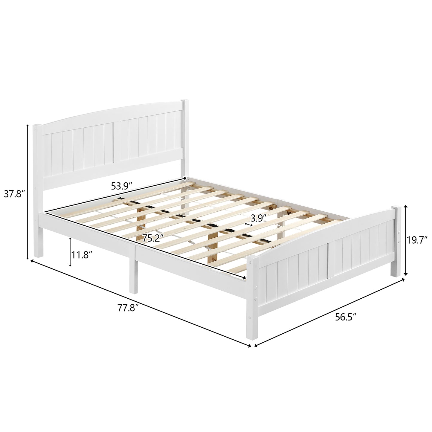Full Pine Single-Layer Core Vertical Stripe Full-Board Curved Bed Head With The Same Bed Foot Wooden Bed White