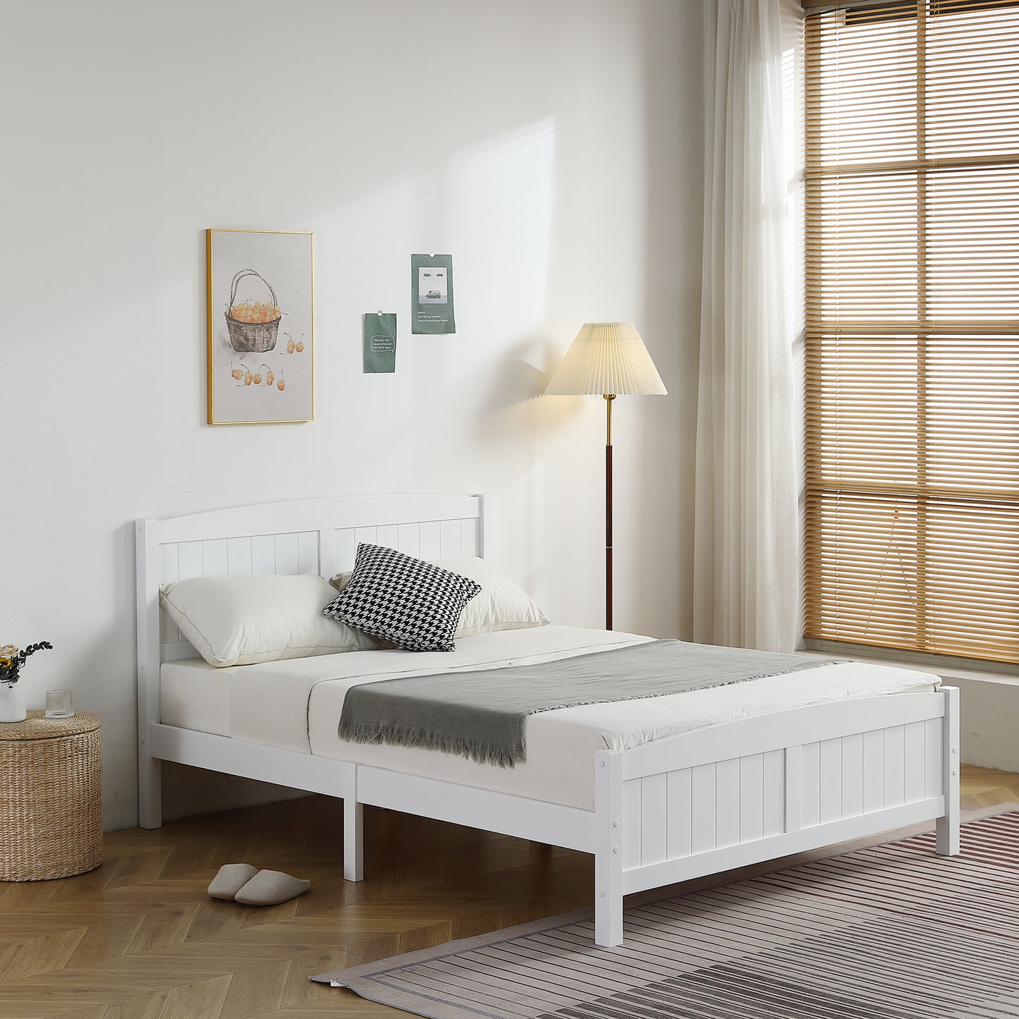 Full Pine Single-Layer Core Vertical Stripe Full-Board Curved Bed Head With The Same Bed Foot Wooden Bed White