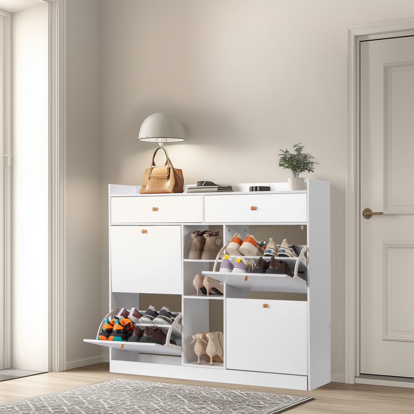 4 Drawers 2 Drawers with Top Baffle Shoe Cabinet Particle Board 128*25*107cm White