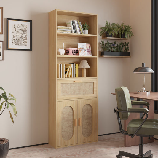 3-layer 1-drawer with double doors Triamcinol board rattan surface 60*23.5*180cm display cabinet original wood color