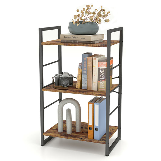 Small Bookshelf 3-Tier Bookcase, Metal Bookshelf for Study, Bedroom, Living Room and Kitchen, Height Adjustable (Brown)