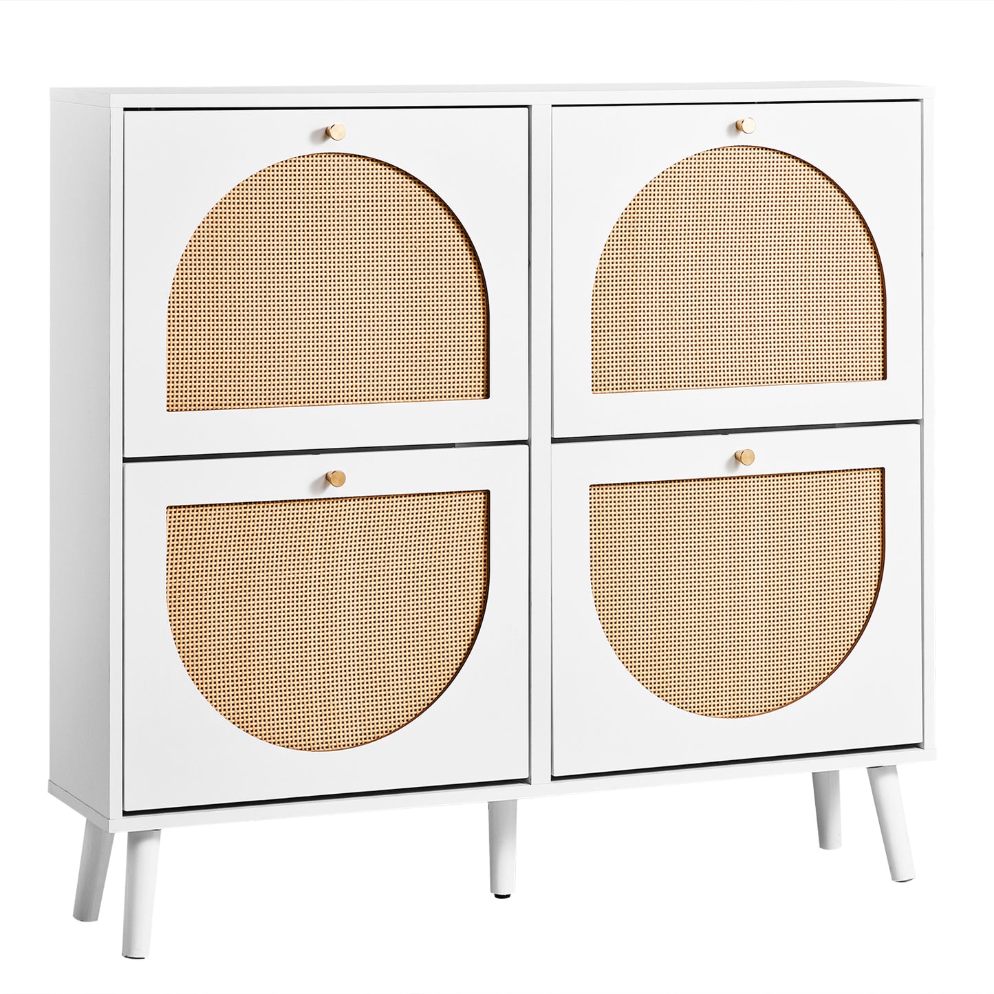 2 rows of 4 dump buckets with high feet round rattan shoe cabinet particle board + plastic rattan 105*24*98cm white frame + original wood rattan surface + gold high feet